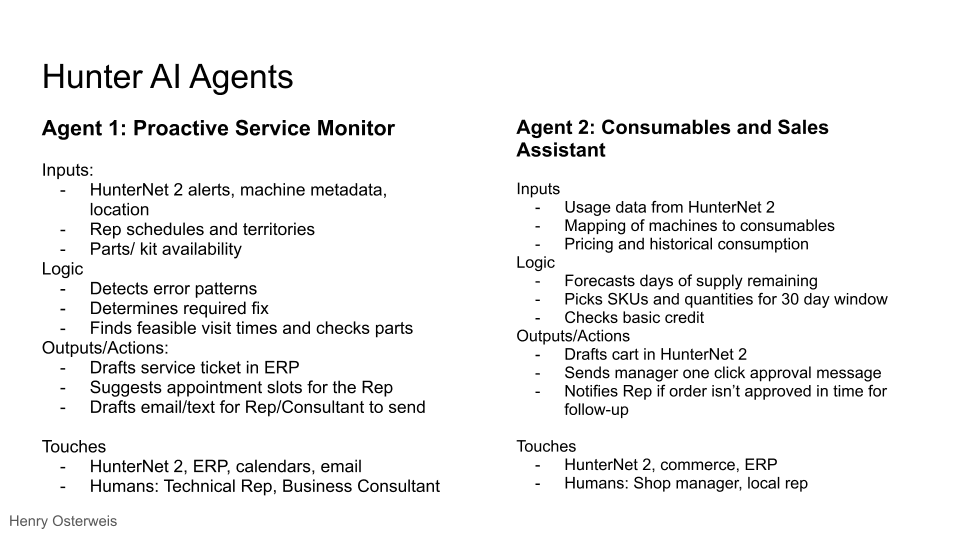 Hunter Engineering AI agents diagram showing inputs, logic, and outputs for 2 agent types
