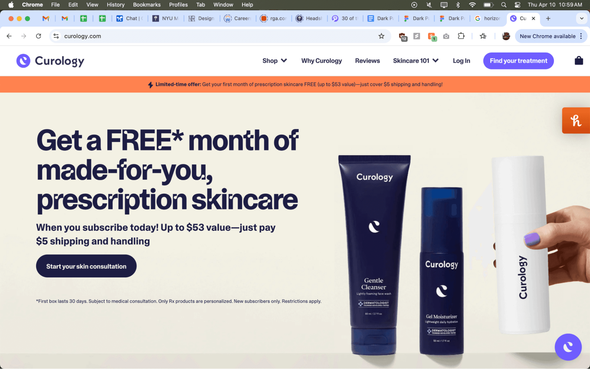 Curology pricing page and Geneos Therapeutics homepage