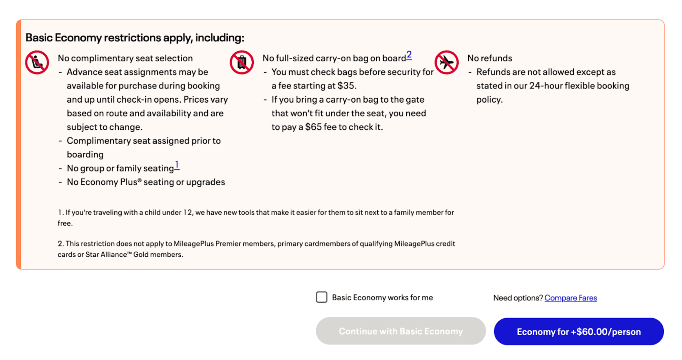 United Airlines Fare Selection 1